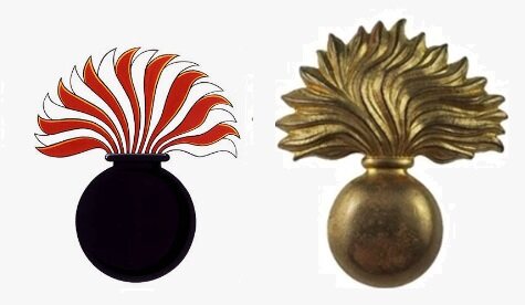 Two Winnipeg Grenadiers flaming grenade badges, one heraldic and one bronze