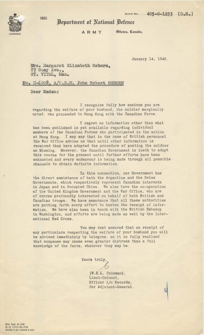 January 1942 letter to Mrs. Osborn saying there is still no definite information