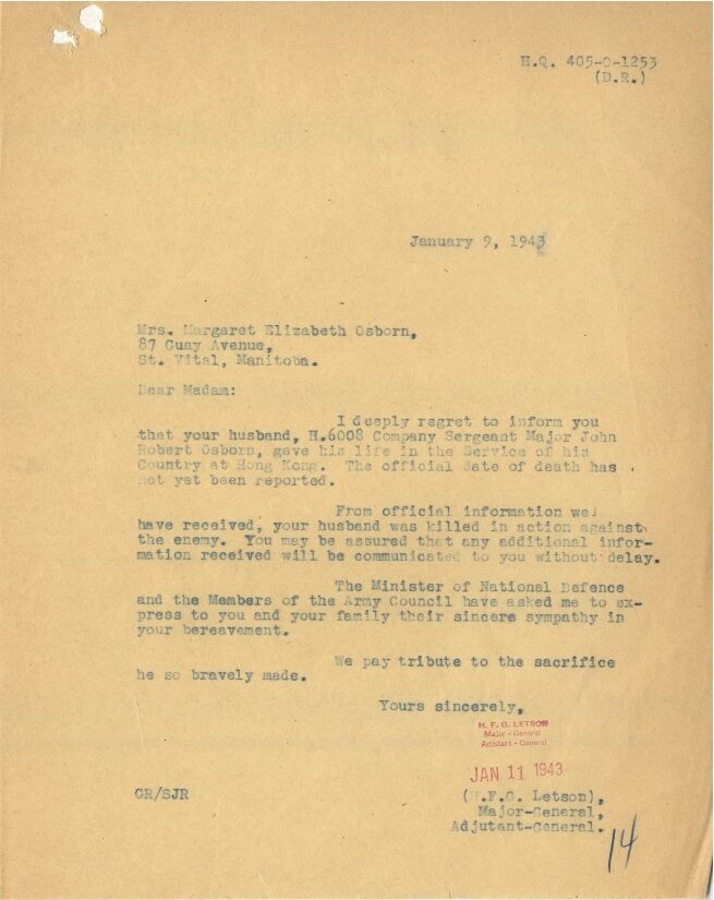 January 1943 letter informing Mrs. Osborn that her husband was killed in action