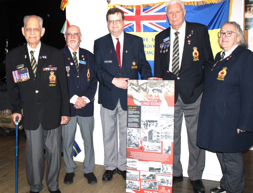 Image: Left to right: Mr. Percy Smith (WW2 Burma Veteran), Mr. 
					Chris Voisey (President), Mr. Jim Laidlaw, Mr. David 
					Williams (1st VP) and Ms. Susan Comeau (2nd VP). 
					(Photo used with permission)