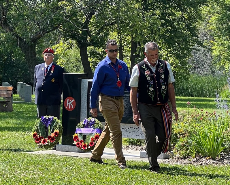 Image: Justin Woodcock and Robert Ouellette (grandson of Red 
					River Métis Veteran)