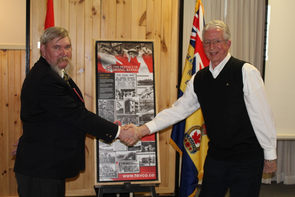 Presentation by Fred Hurd to Jim Davidson, President of Gravenhurst Branch, Royal Canadian Legion