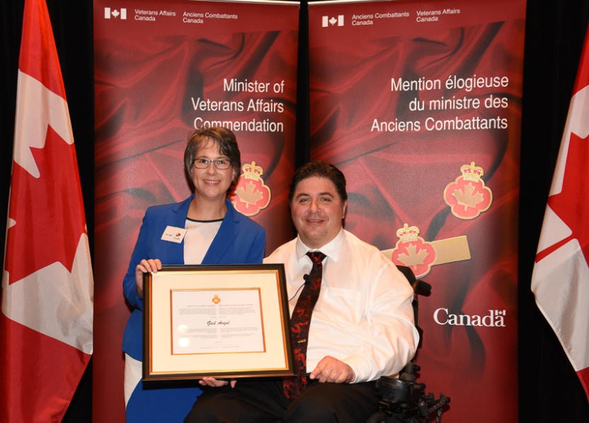 Gail receiving the Minister of Veterans Affairs Commendation Award in 2016