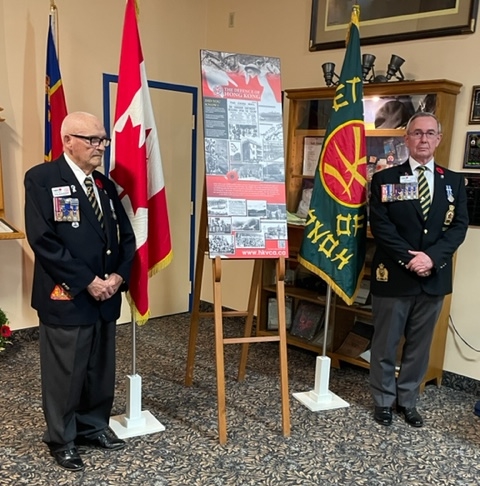 (L-R)  Rod McPherson, brother of John McPherson of Roseisle, MB helped unveil the plaque with the Branch President Ken Minty