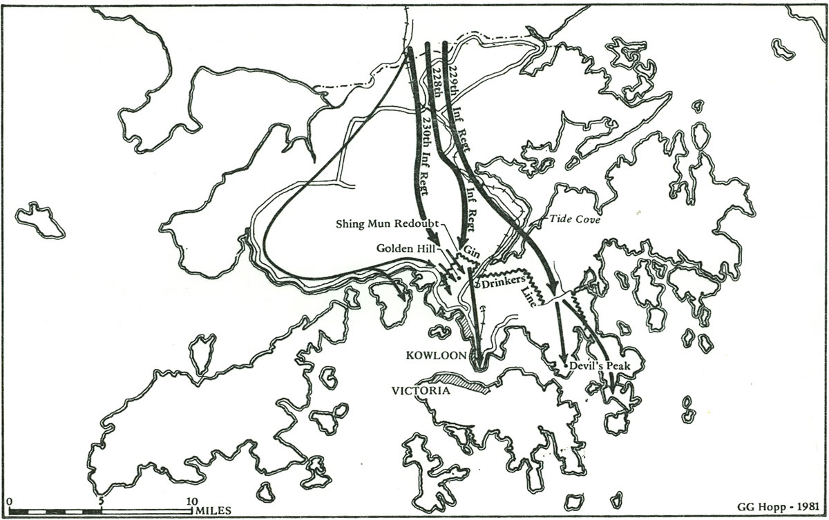 map illustrating progress of Japanese forces toward Hong Kong island