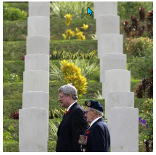 Picture of Prime minister Stephen Harper and a veteran visiting Hong Kong for a 2012 Remembrance Day ceremony